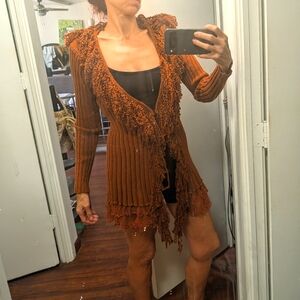 John Fashion Penny Lane Whimsigoth fringe Wool Brown Chunky Cardigan M NWT